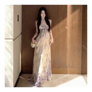 Women’s Ice Silk Floral Maxi Dress High Waist A-Line Sleeveless Slip Dress for Vacation Photos Beach Getaways