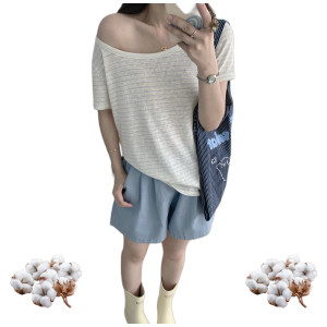 Women's Cotton Off Shoulder T Shirt Loose Fit Short Sleeve Striped Slub Tee for Summer Casual Weekend Wear