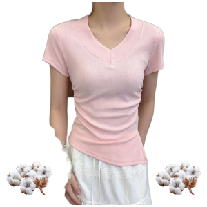 Women's Cotton Spandex V-Neck Knit Tee, Slim Fit Pullover with Split Detail for Summer Casual Outfits