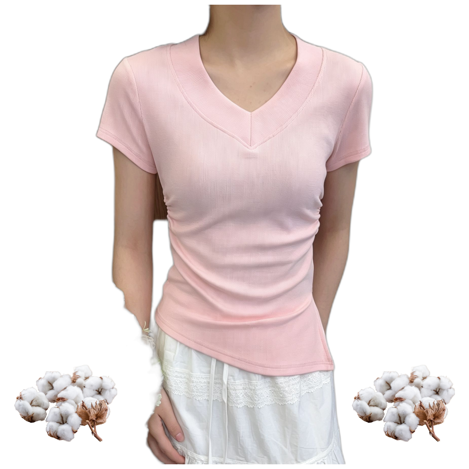 Women's Cotton Spandex V-Neck Knit Tee, Slim Fit Pullover with Split Detail for Summer Casual Outfits