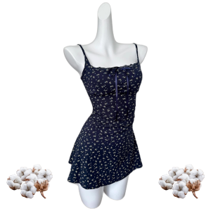 Cotton Floral Cami Mini Dress A-Line High Waist Knit Sundress with Cardigan-Look Styling for Summer Dates