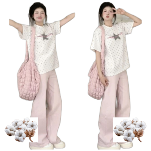 Women's 100% Cotton Polka Dot T Shirt Loose Mid Length Crewneck Short Sleeve Top for Summer Casual Wear