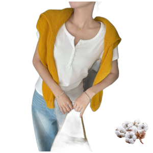 Cotton Blend Henley T Shirt for Women, Slim Fit Short Sleeve Button Front Solid Summer Casual Top, 2 pack
