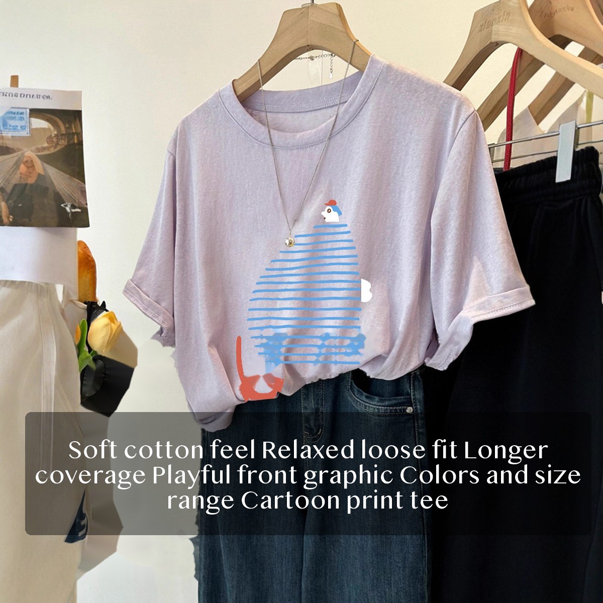 Women's Cotton Graphic T Shirt Loose Fit Crewneck Short Sleeve Longline Summer Top for Plus Size Casual Wear