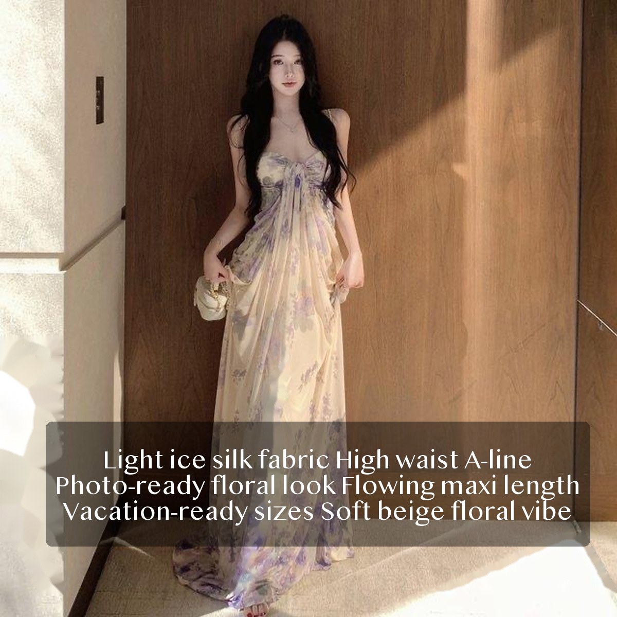 Women’s Ice Silk Floral Maxi Dress High Waist A-Line Sleeveless Slip Dress for Vacation Photos Beach Getaways