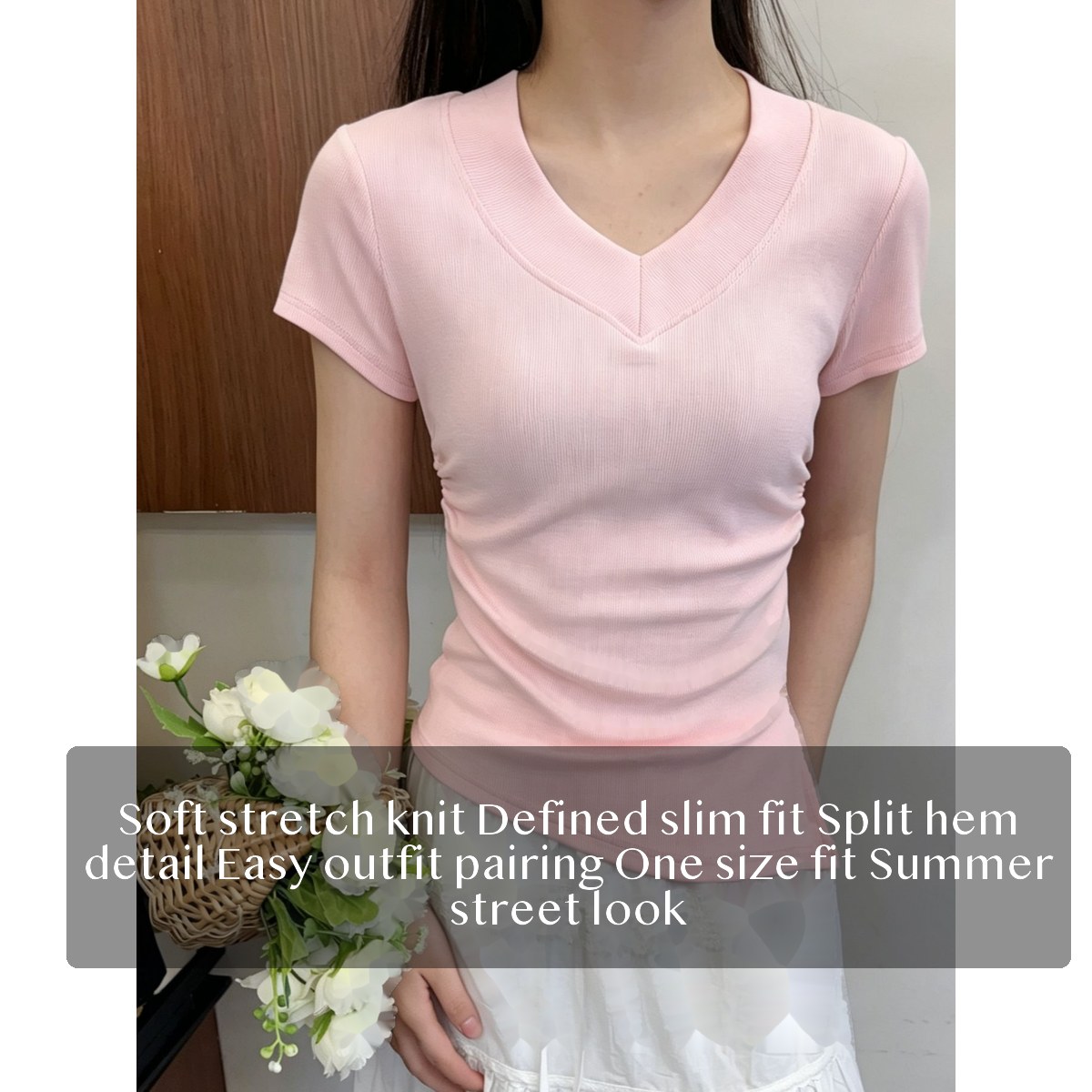Women's Cotton Spandex V-Neck Knit Tee, Slim Fit Pullover with Split Detail for Summer Casual Outfits