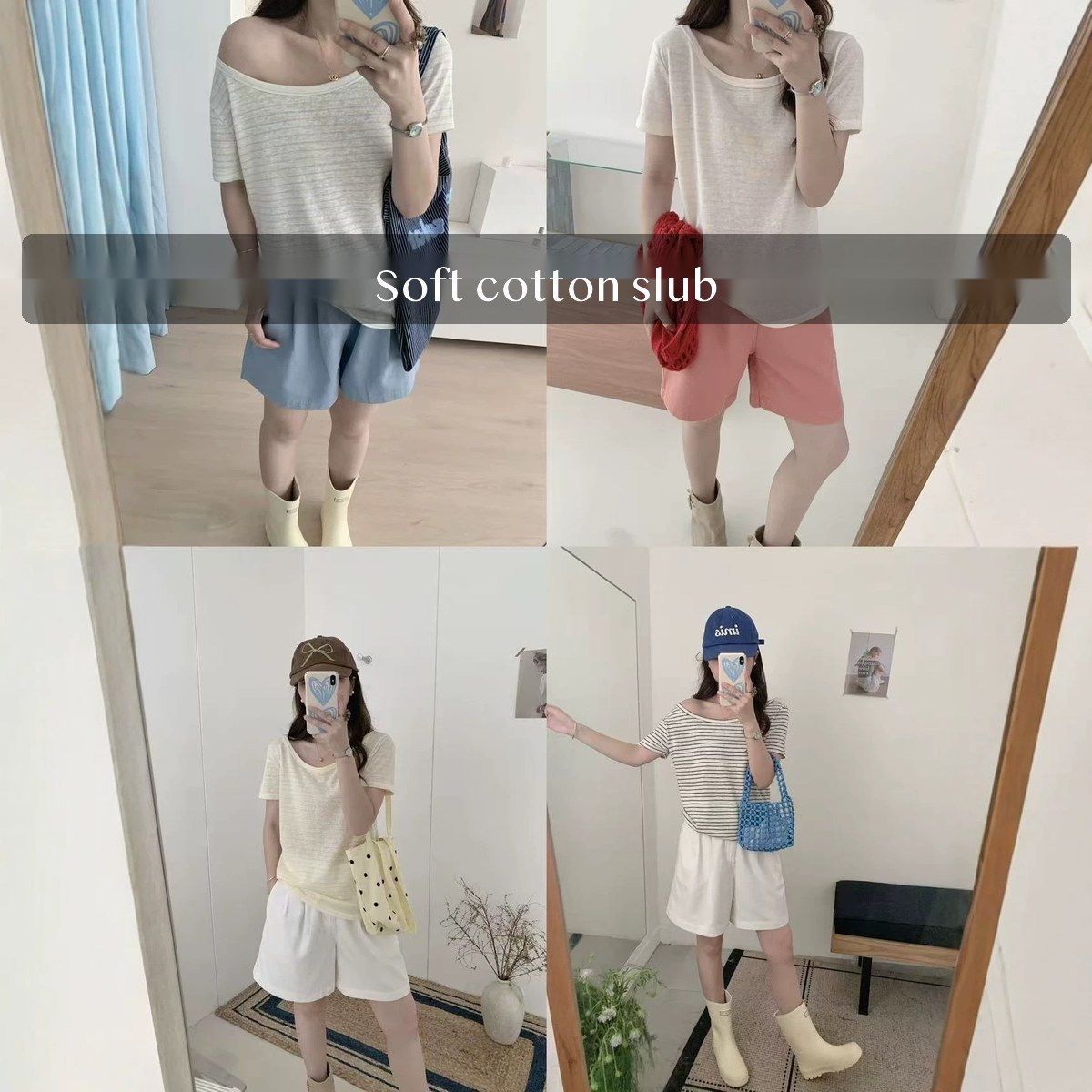Women's Cotton Off Shoulder T Shirt Loose Fit Short Sleeve Striped Slub Tee for Summer Casual Weekend Wear