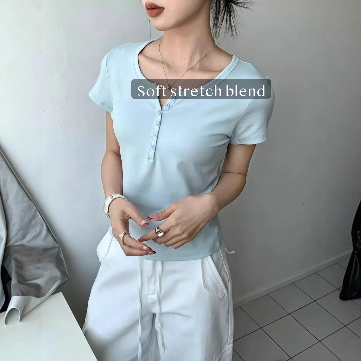 Cotton Blend Henley T Shirt for Women, Slim Fit Short Sleeve Button Front Solid Summer Casual Top, 2 pack