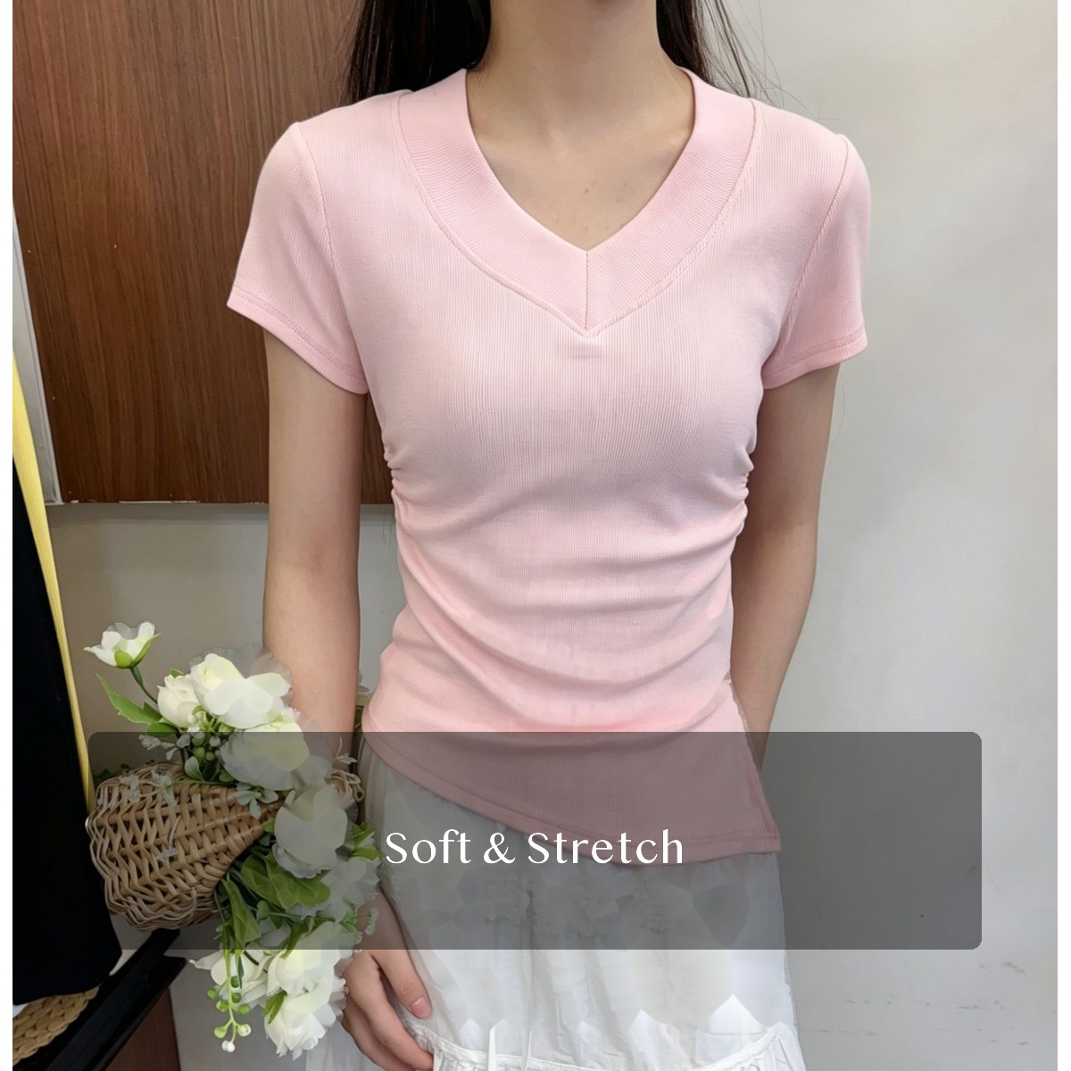Women's Cotton Spandex V-Neck Knit Tee, Slim Fit Pullover with Split Detail for Summer Casual Outfits