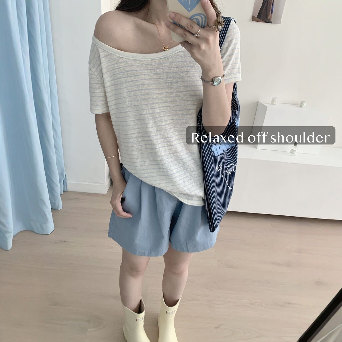 Women's Cotton Off Shoulder T Shirt Loose Fit Short Sleeve Striped Slub Tee for Summer Casual Weekend Wear