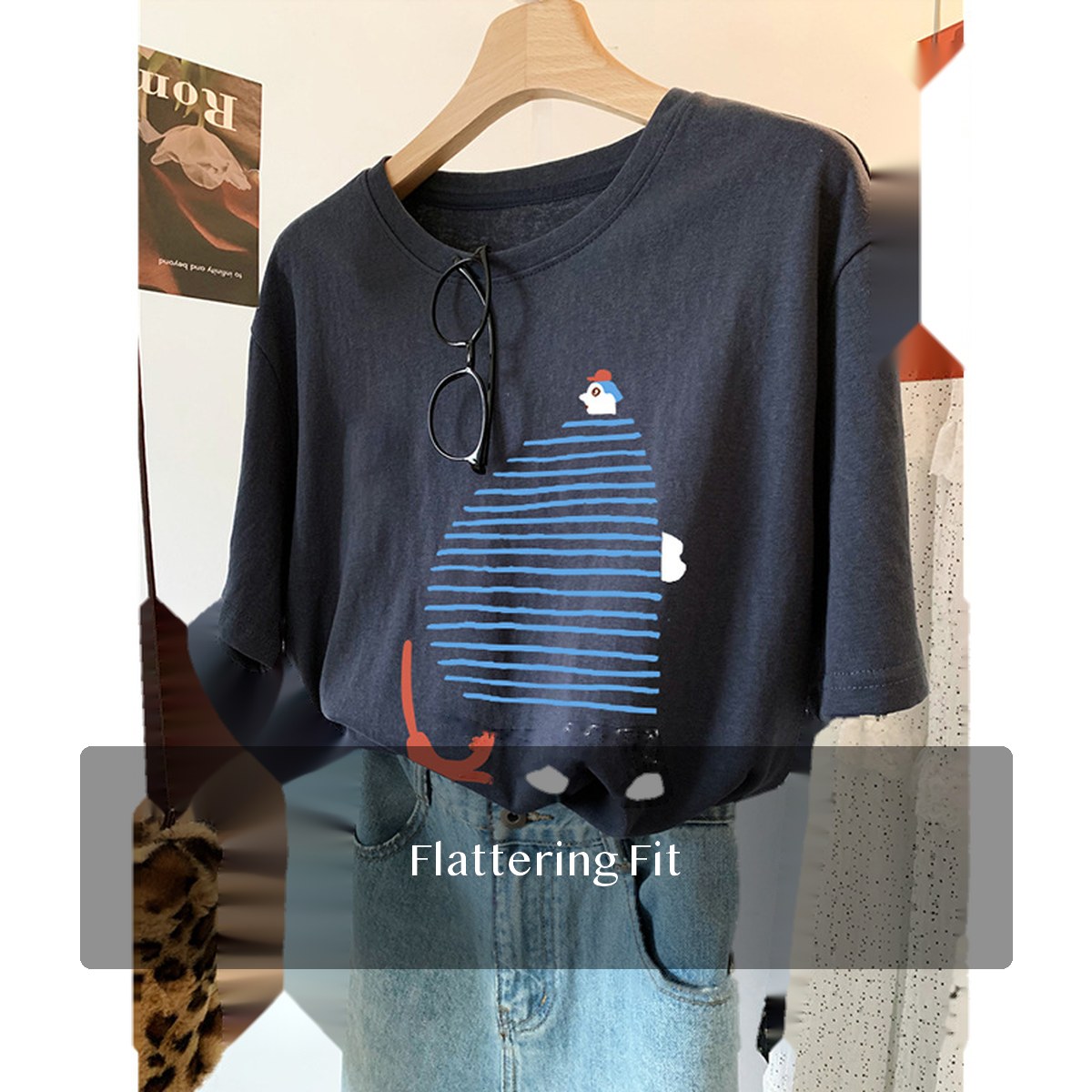 Women's Cotton Graphic T Shirt Loose Fit Crewneck Short Sleeve Longline Summer Top for Plus Size Casual Wear