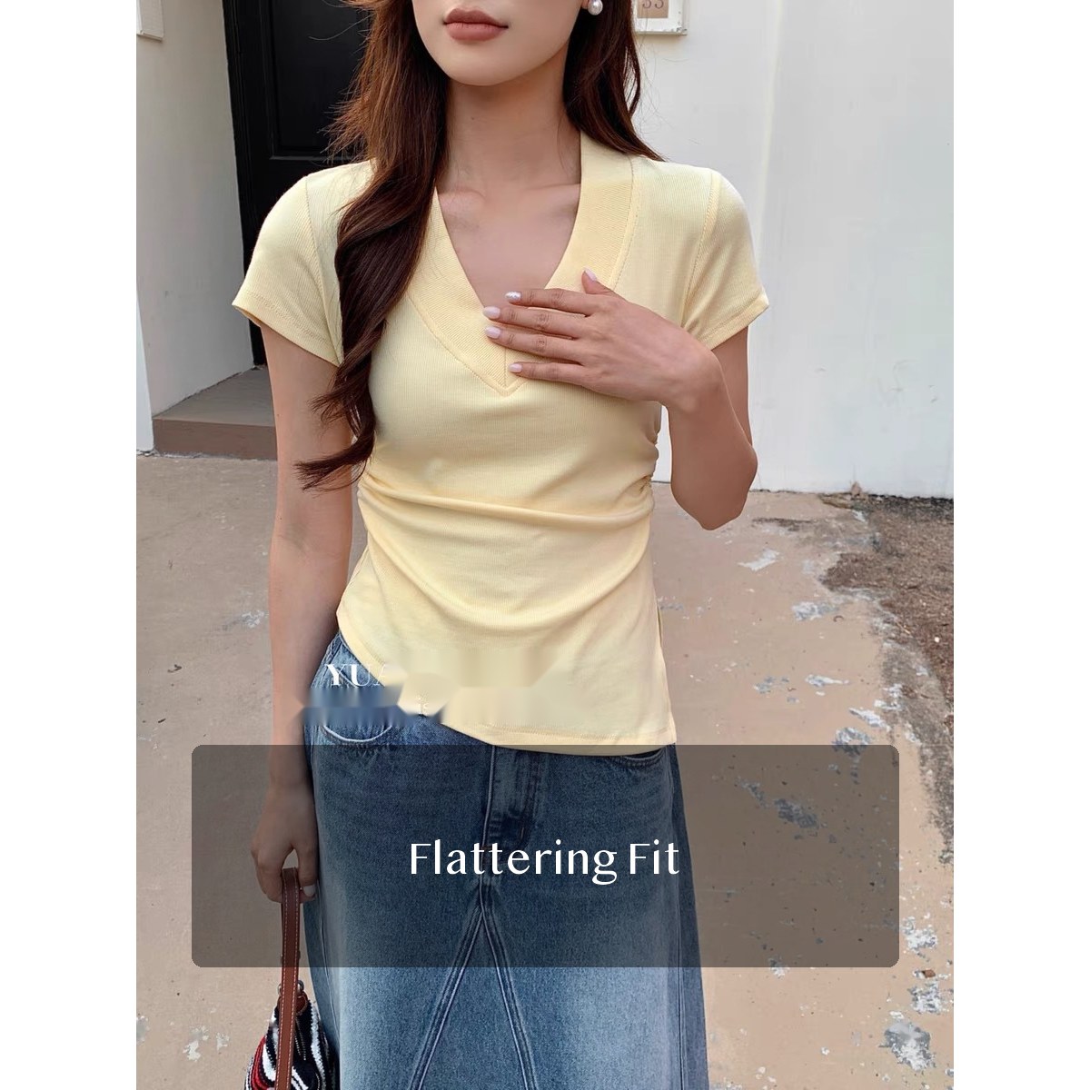 Women's Cotton Spandex V-Neck Knit Tee, Slim Fit Pullover with Split Detail for Summer Casual Outfits