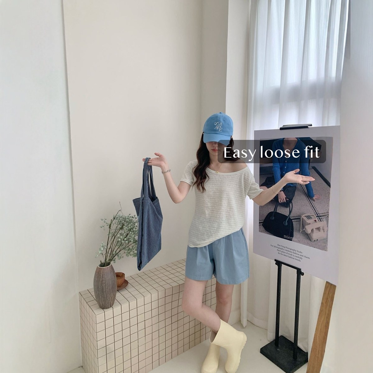 Women's Cotton Off Shoulder T Shirt Loose Fit Short Sleeve Striped Slub Tee for Summer Casual Weekend Wear