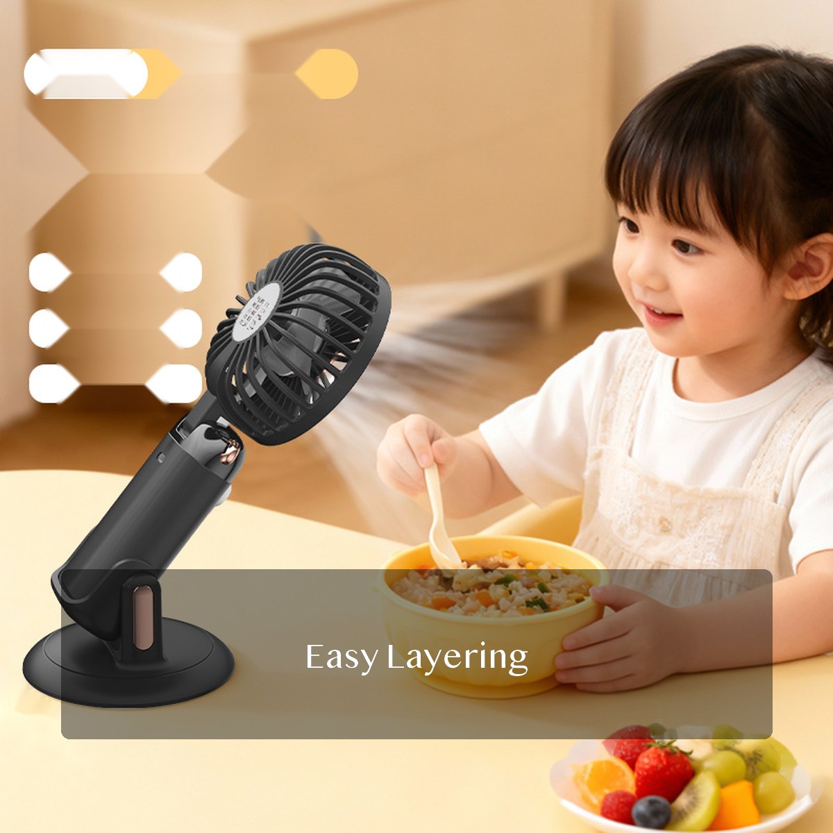 Mini USB Rechargeable Desk Fan, Foldable Handheld Fan with Digital Display and Rotating Base for Meals