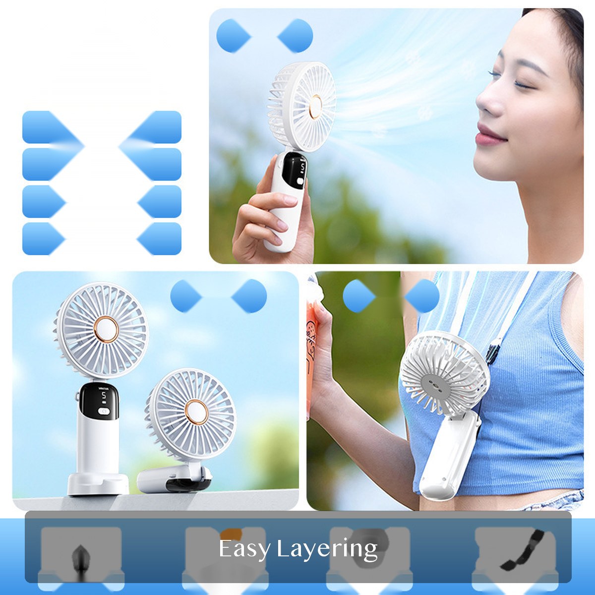 USB Mini Handheld Fan, Foldable Portable Desk Fan with Digital Display, Rechargeable for Travel Office