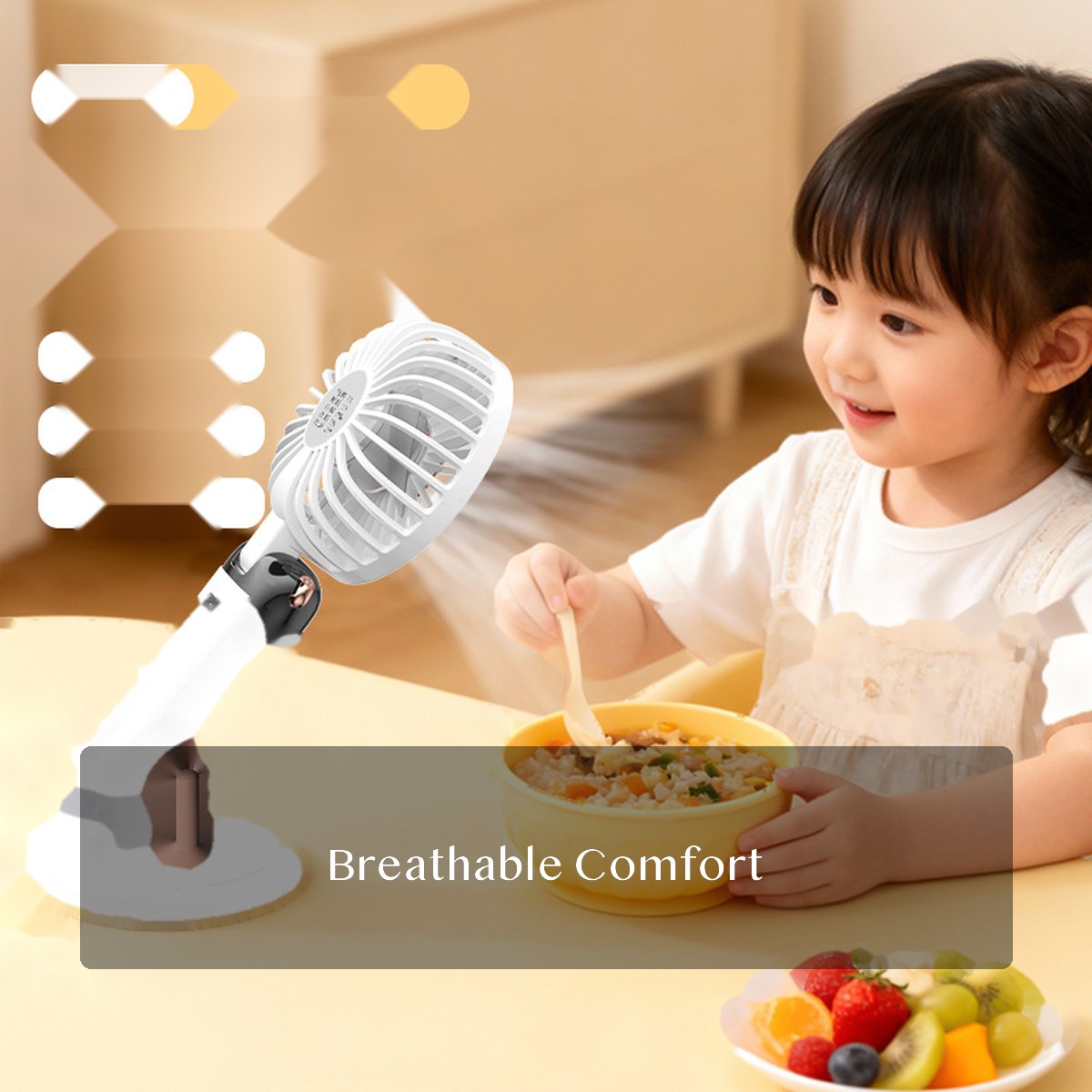 Mini USB Rechargeable Desk Fan, Foldable Handheld Fan with Digital Display and Rotating Base for Meals