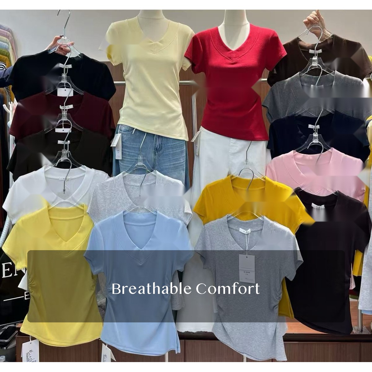 Women's Cotton Spandex V-Neck Knit Tee, Slim Fit Pullover with Split Detail for Summer Casual Outfits