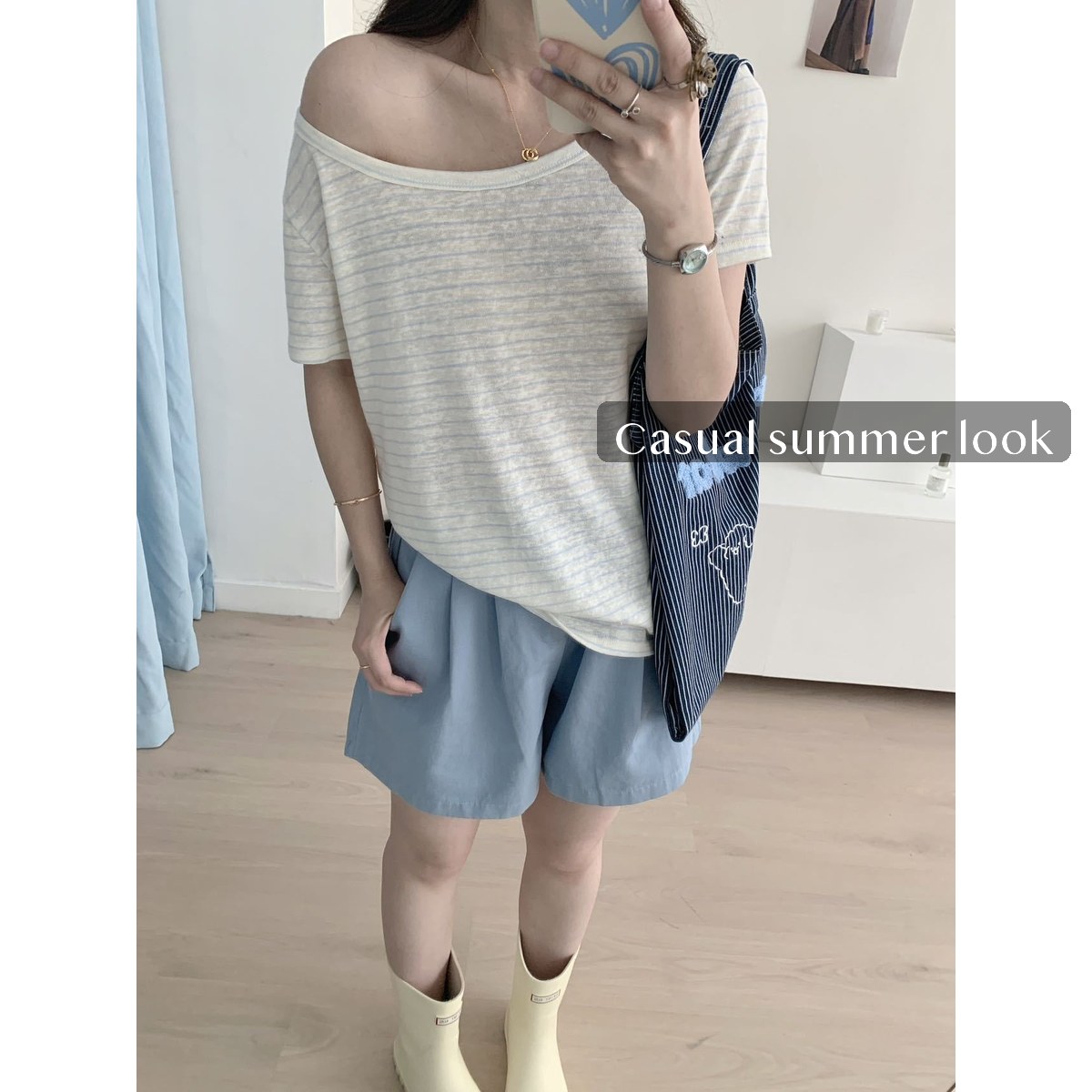 Women's Cotton Off Shoulder T Shirt Loose Fit Short Sleeve Striped Slub Tee for Summer Casual Weekend Wear