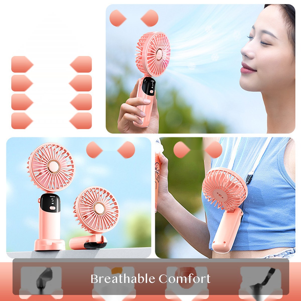 USB Mini Handheld Fan, Foldable Portable Desk Fan with Digital Display, Rechargeable for Travel Office