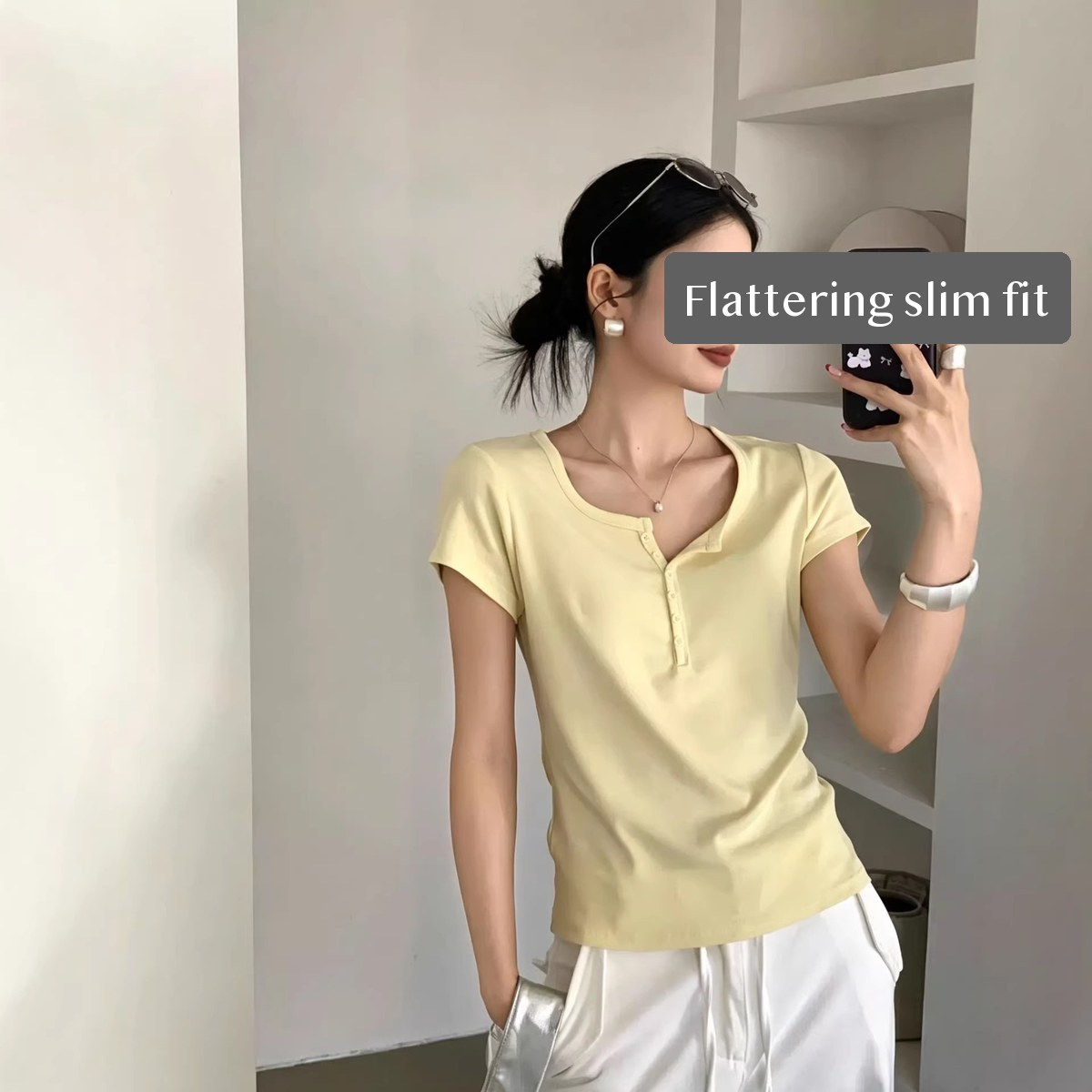 Cotton Blend Henley T Shirt for Women, Slim Fit Short Sleeve Button Front Solid Summer Casual Top, 2 pack