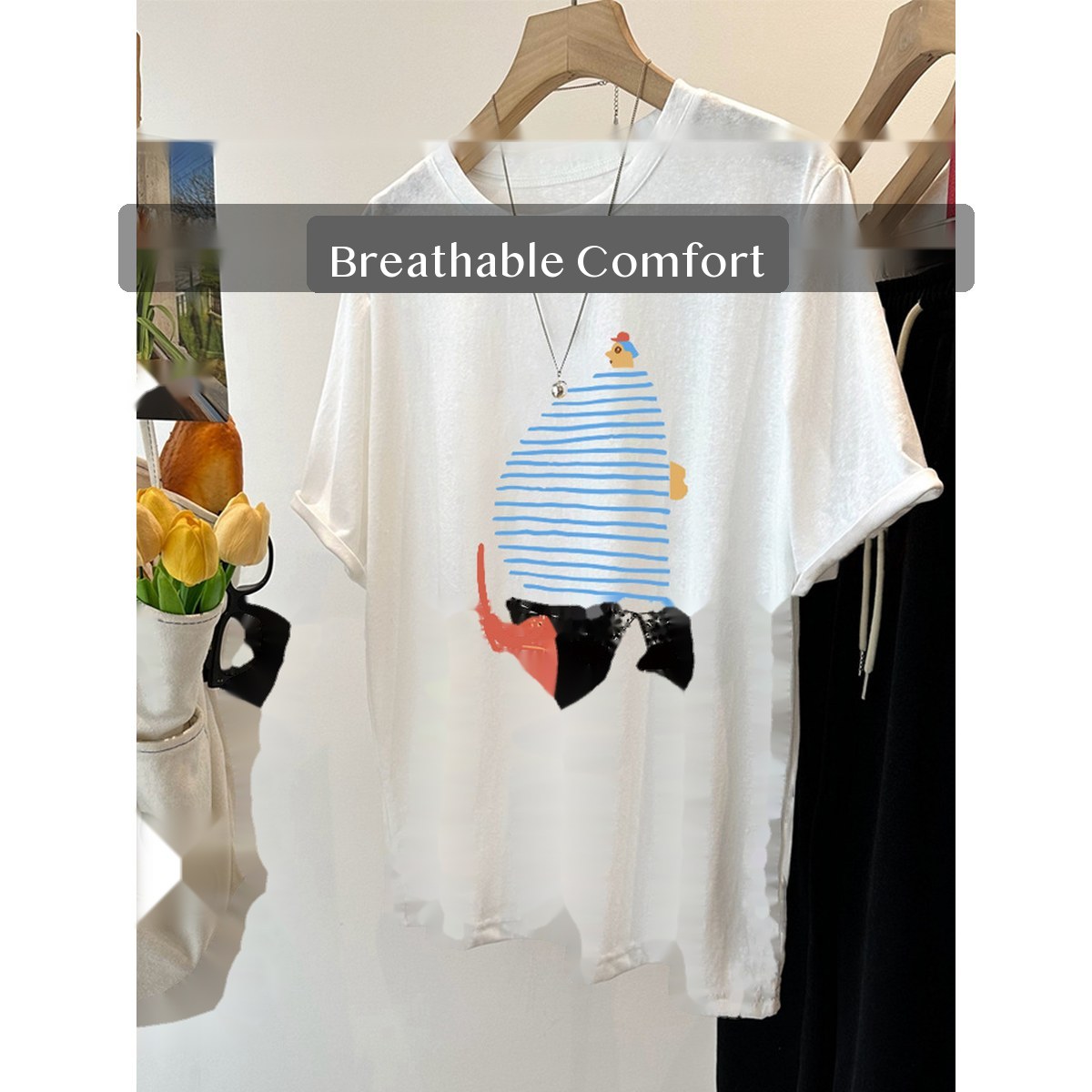 Women's Cotton Graphic T Shirt Loose Fit Crewneck Short Sleeve Longline Summer Top for Plus Size Casual Wear