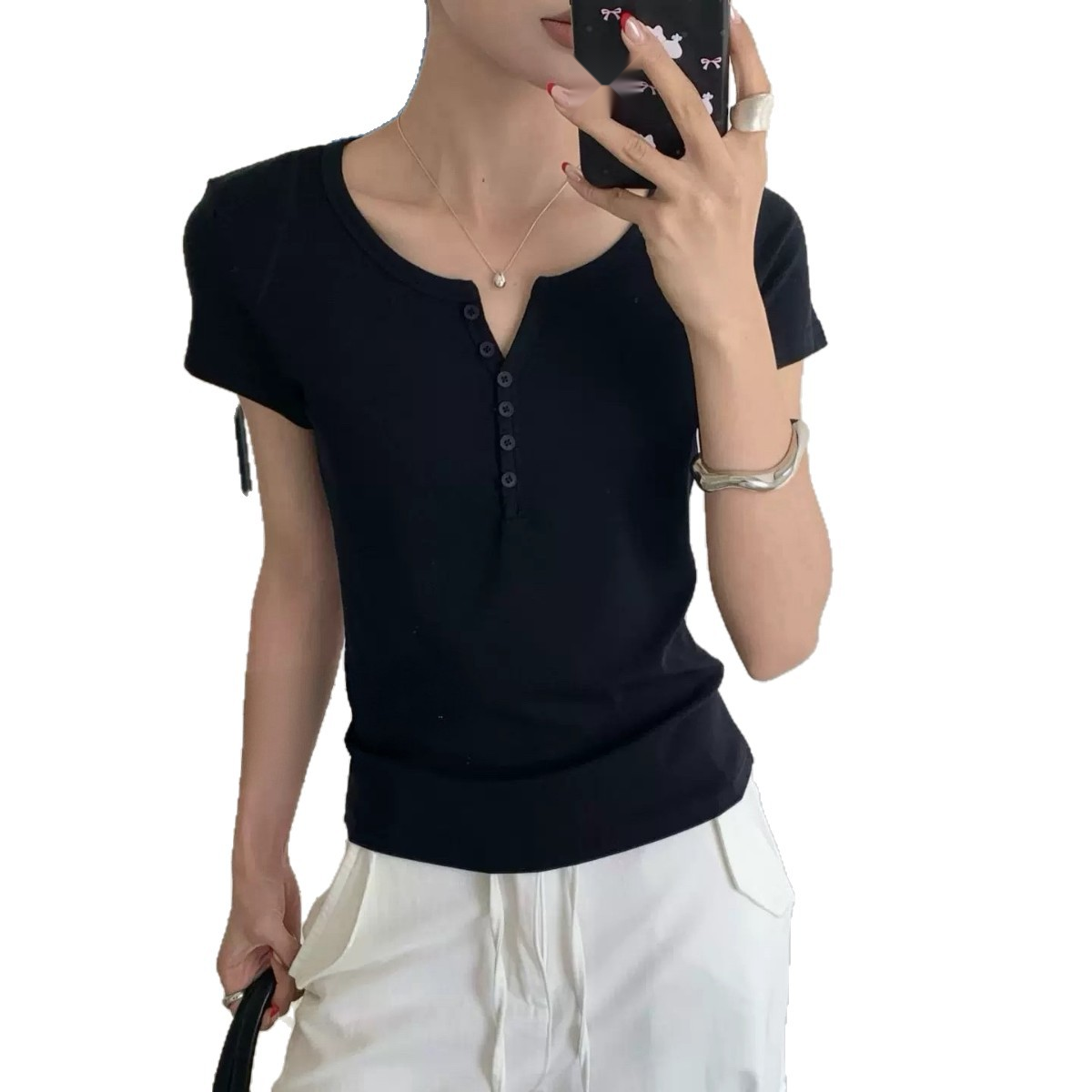 Cotton Blend Henley T Shirt for Women, Slim Fit Short Sleeve Button Front Solid Summer Casual Top, 2 pack