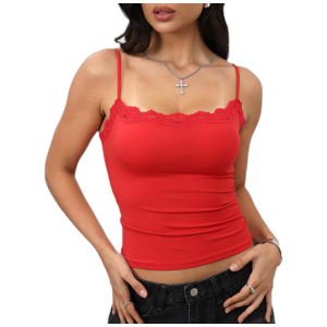 Women's Nylon Spandex Lace Trim Camisole Tank, Square Neck Sleeveless Fitted Layering Top for Spring Summer - Red