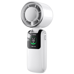 USB Handheld Turbo Fan, Foldable ABS Mini Cooling Fan with Neck Strap and Display for Outdoor Travel - WhiteCooling