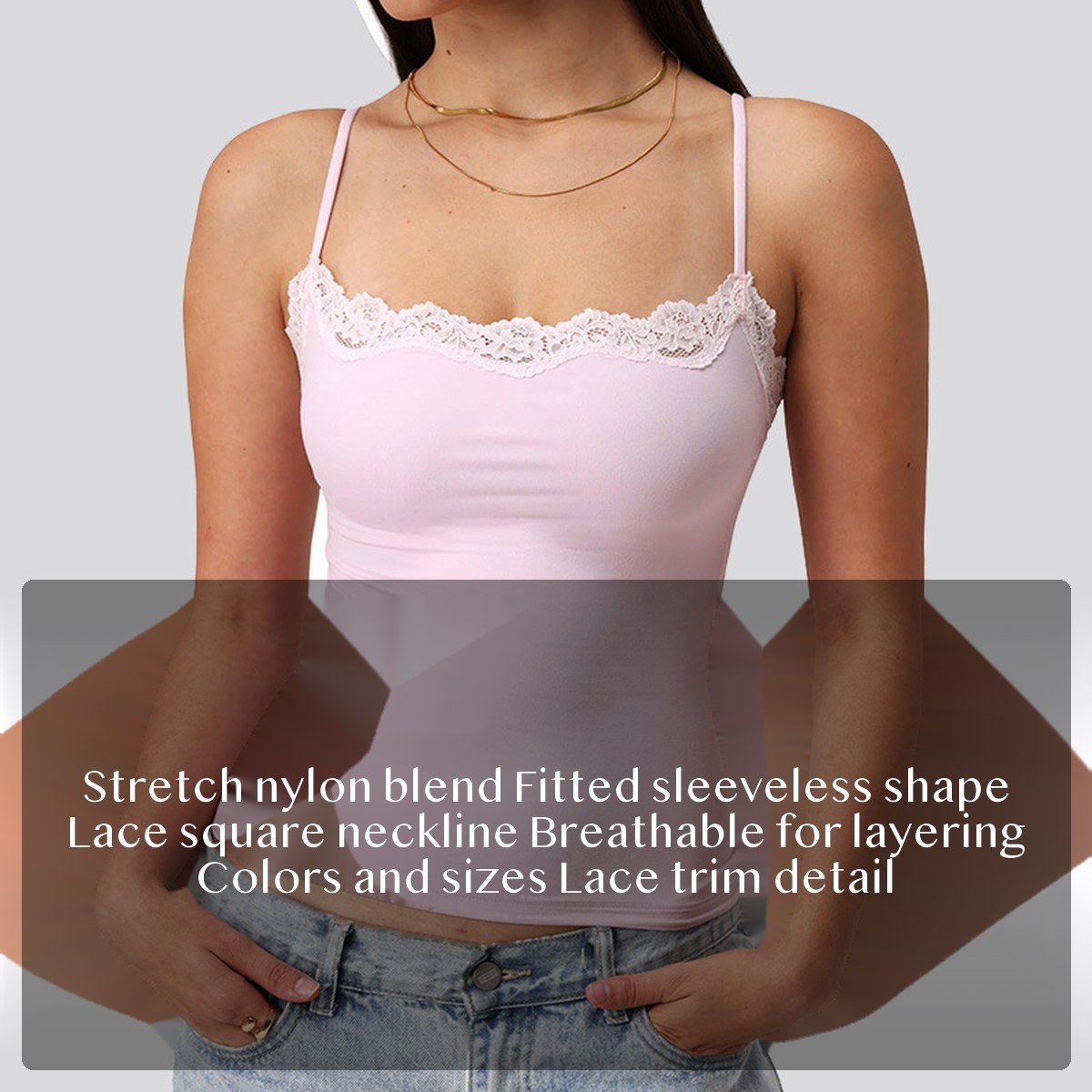Women's Nylon Spandex Lace Trim Camisole Tank, Square Neck Sleeveless Fitted Layering Top for Spring Summer