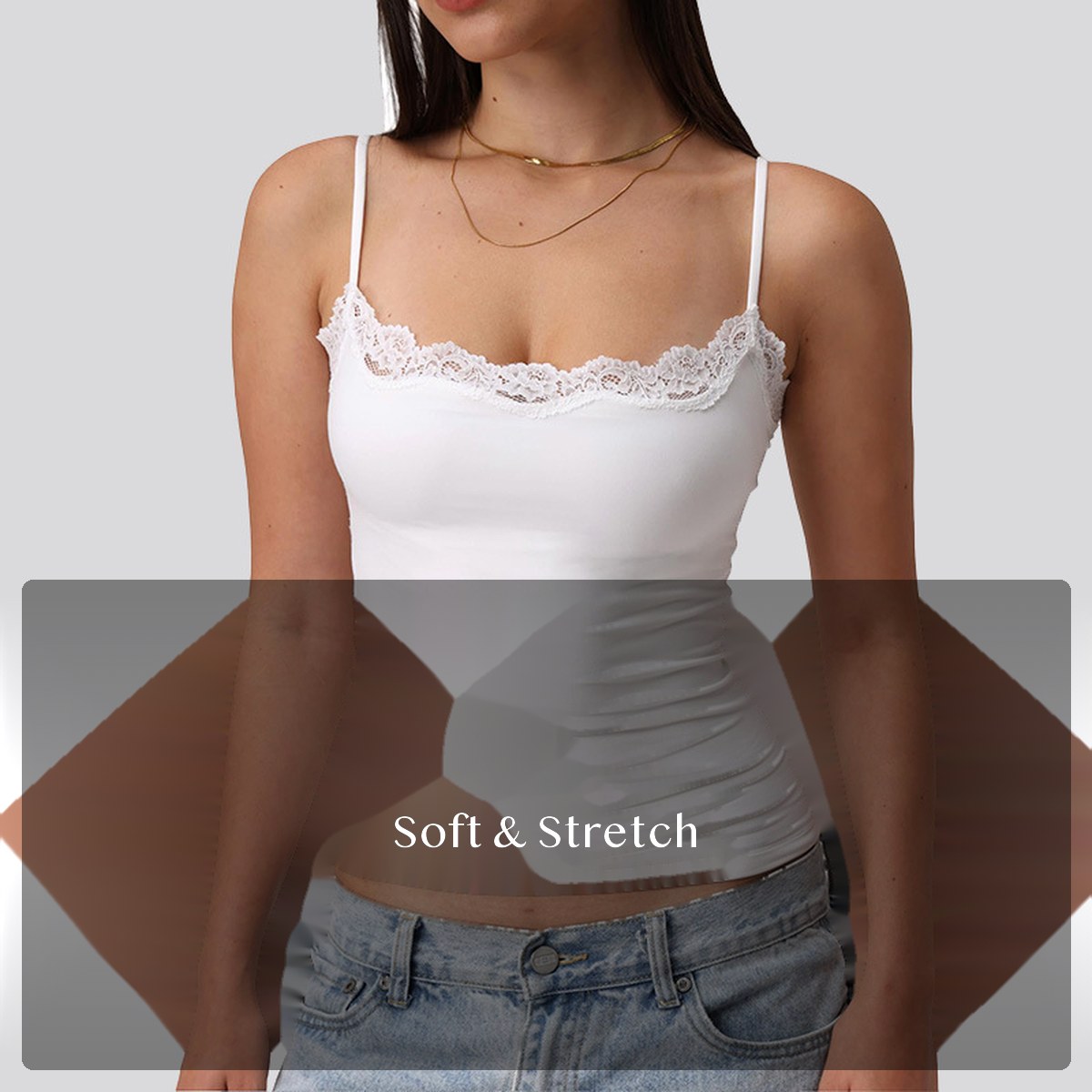 Women's Nylon Spandex Lace Trim Camisole Tank, Square Neck Sleeveless Fitted Layering Top for Spring Summer