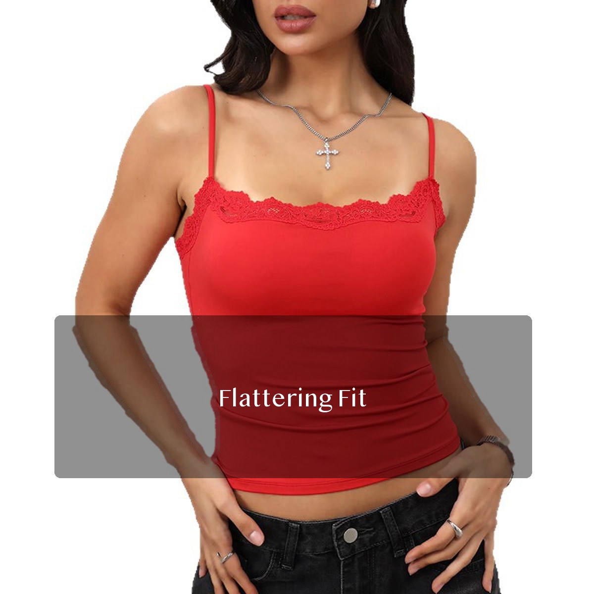 Women's Nylon Spandex Lace Trim Camisole Tank, Square Neck Sleeveless Fitted Layering Top for Spring Summer