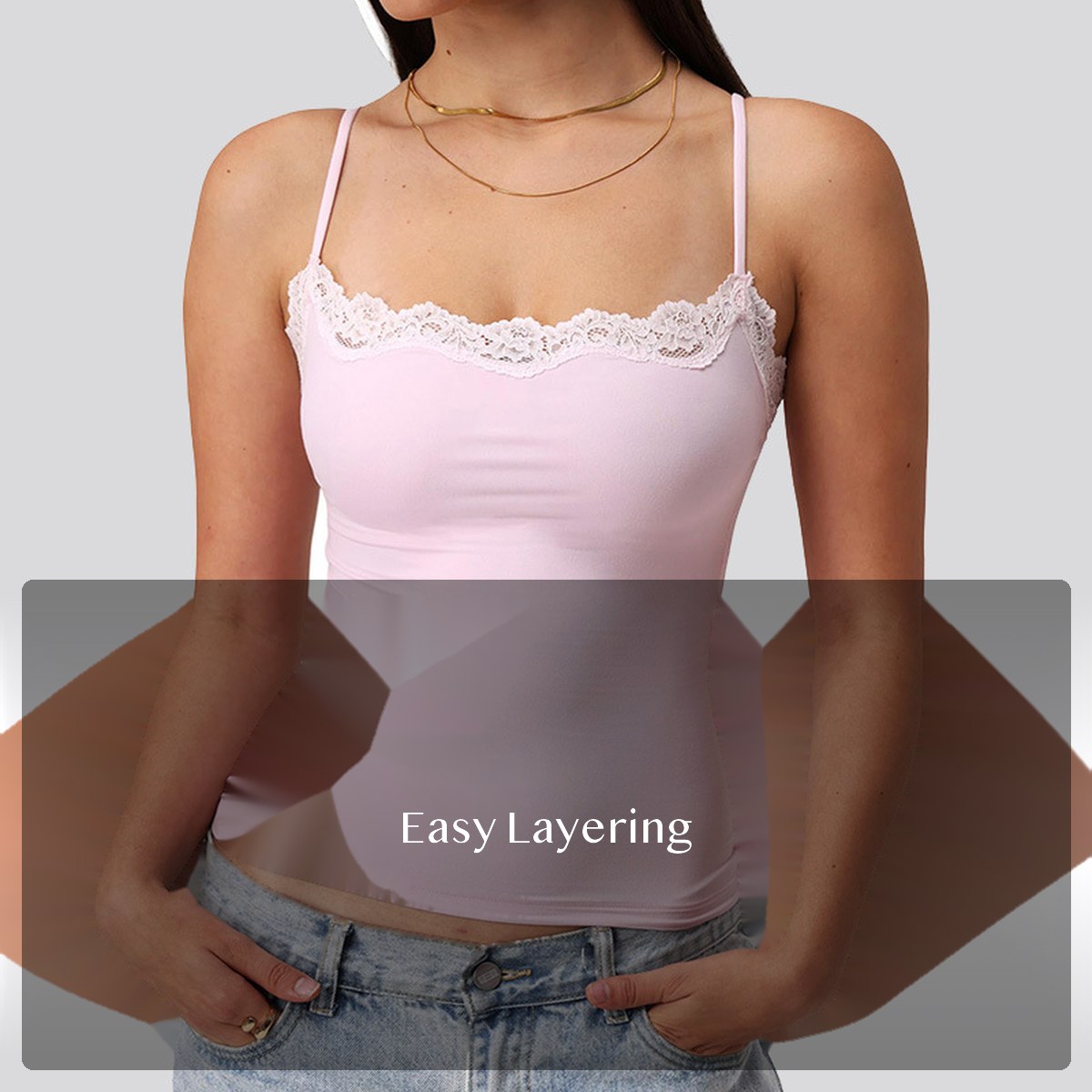 Women's Nylon Spandex Lace Trim Camisole Tank, Square Neck Sleeveless Fitted Layering Top for Spring Summer