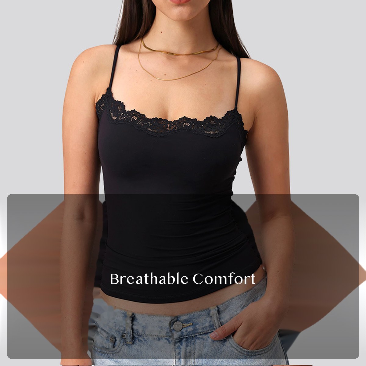 Women's Nylon Spandex Lace Trim Camisole Tank, Square Neck Sleeveless Fitted Layering Top for Spring Summer